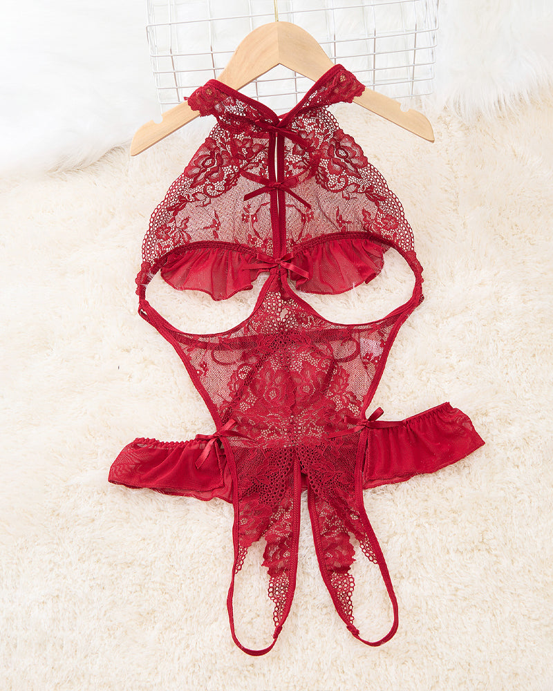 Women's Sexy Hollow Backless Transparent Floral Lace Open Crotch Design Bodysuit