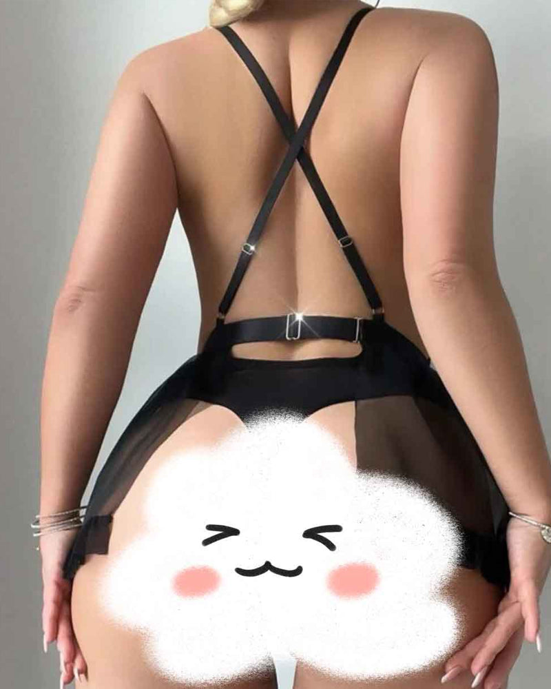 Sexy Deep V See-through Lace Mesh Backless Bodysuit and Fishnet Stockings Set