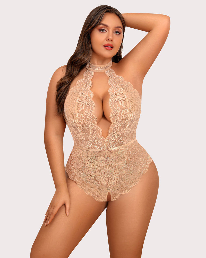 Plus Size Lace Halter Teddy
