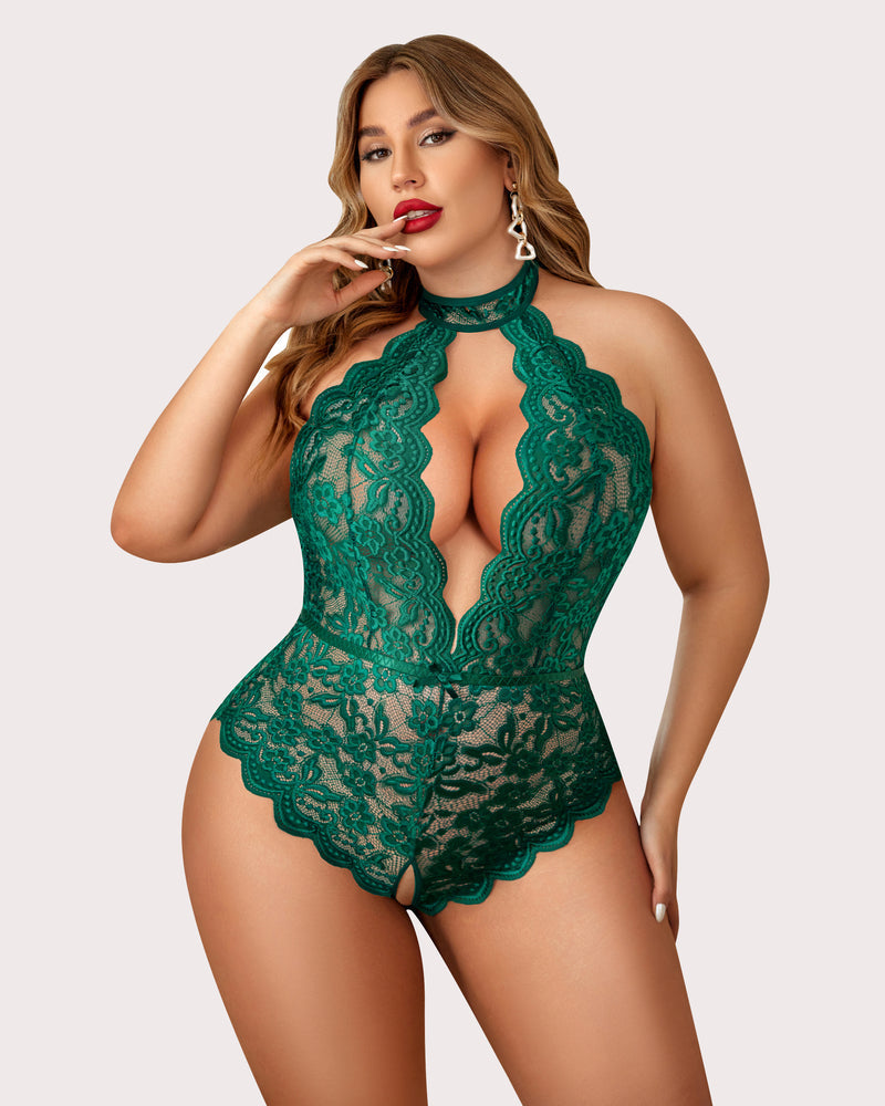 Plus Size Lace Halter Teddy