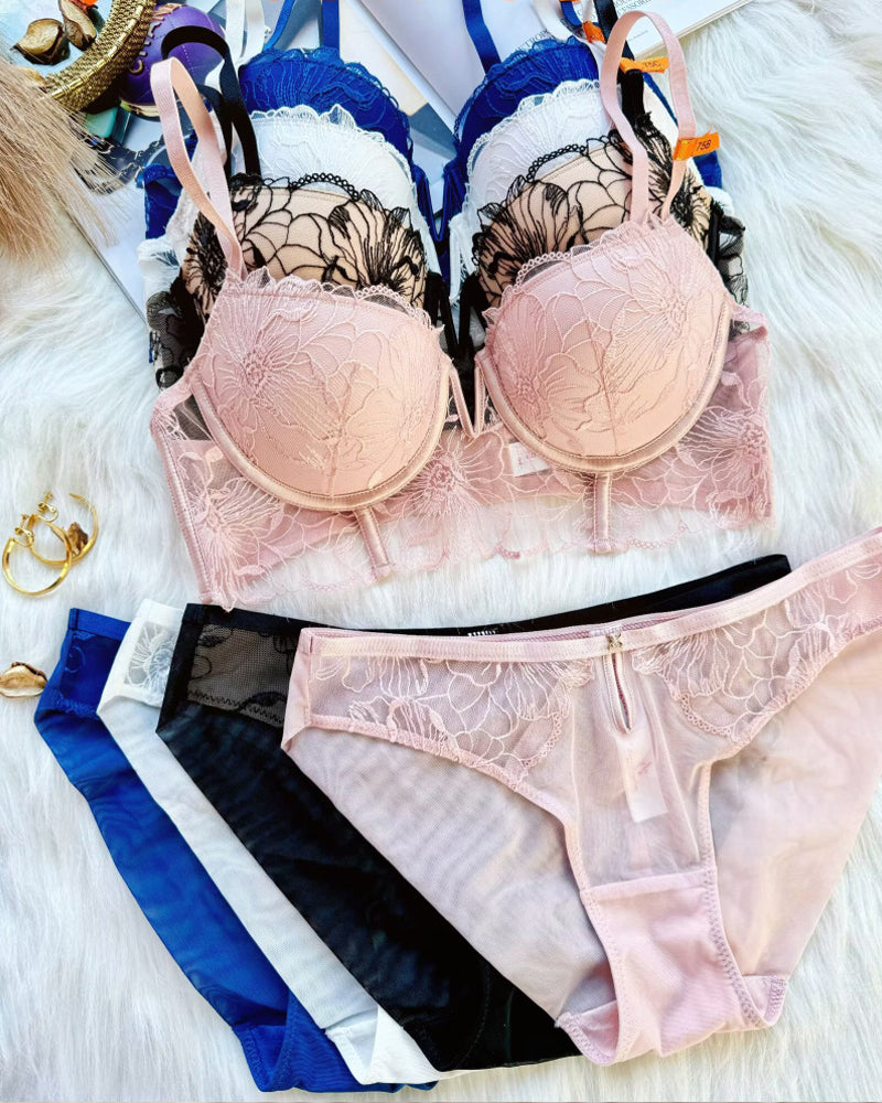 Sexy Mesh Lace Floral Embroidered Underwire Bra And Panty Set
